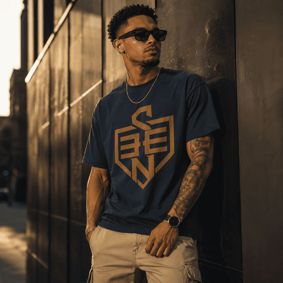 SEEN Shield Logo Tee — Gold Emblem Graphic T-Shirt