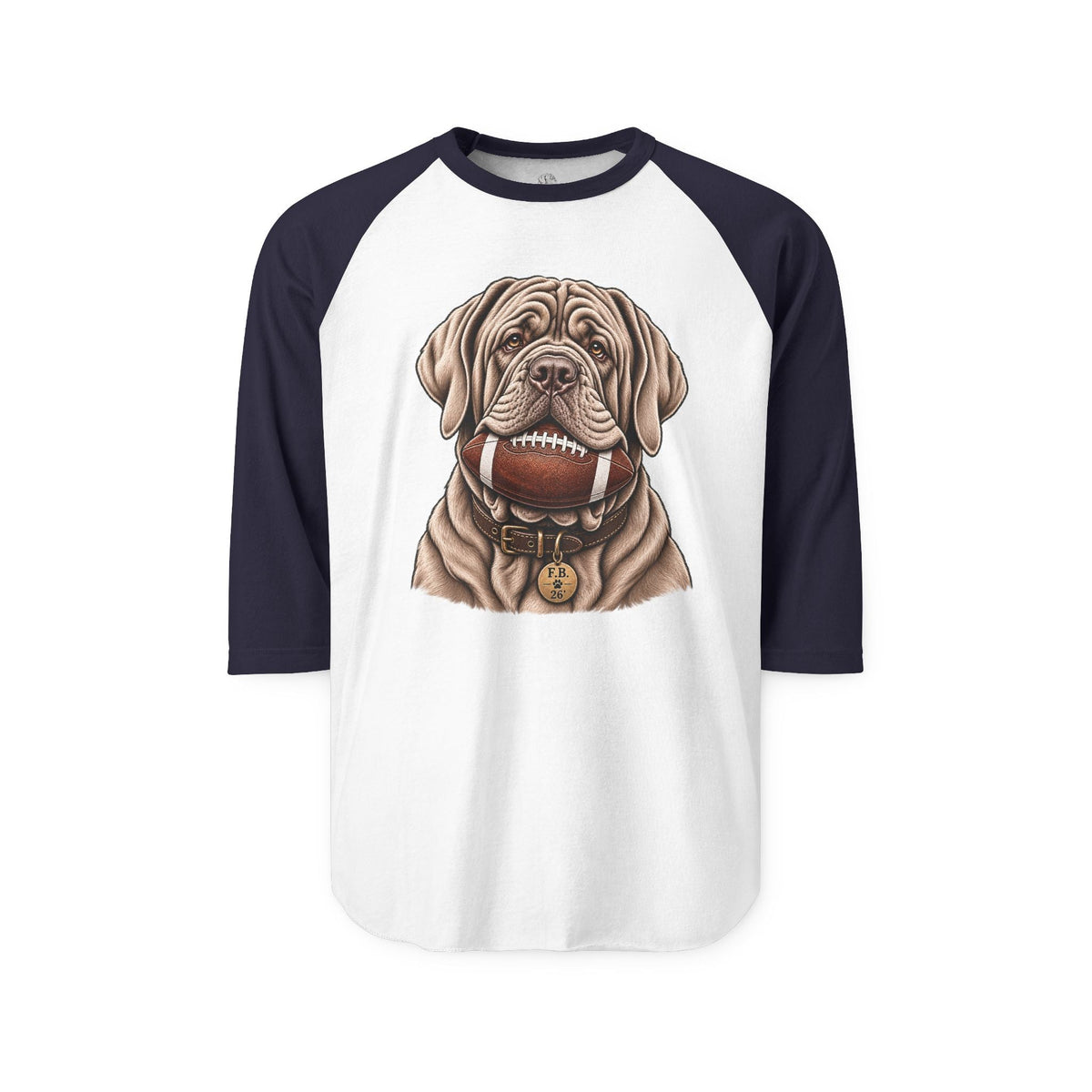 Long-sleeve raglan tee with navy sleeves and white body featuring a detailed illustration of a Mastiff dog holding a football in its mouth, casual style