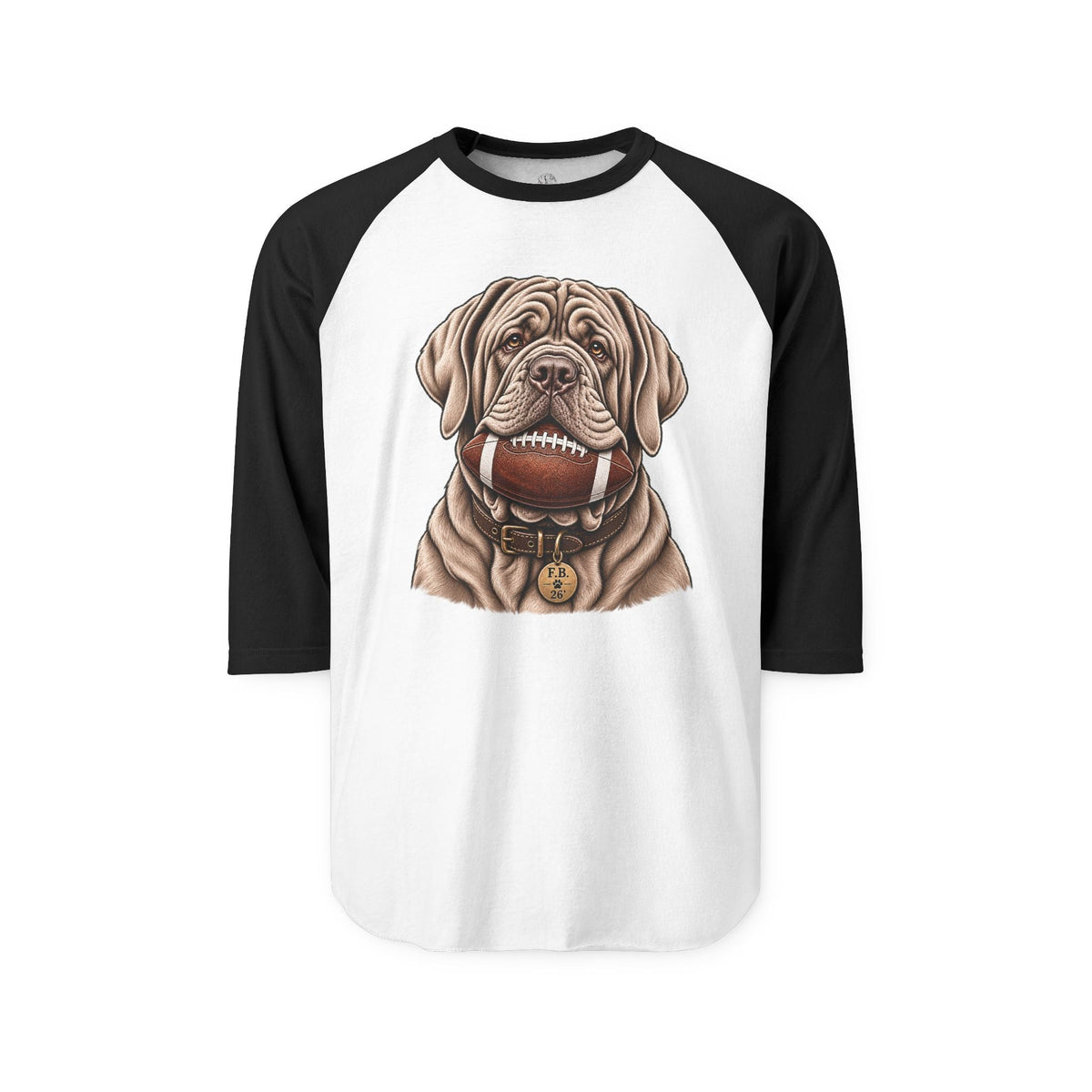 Black and white raglan long-sleeve t-shirt with a detailed Mastiff dog illustration on the front, SKU: 26347701962968422555