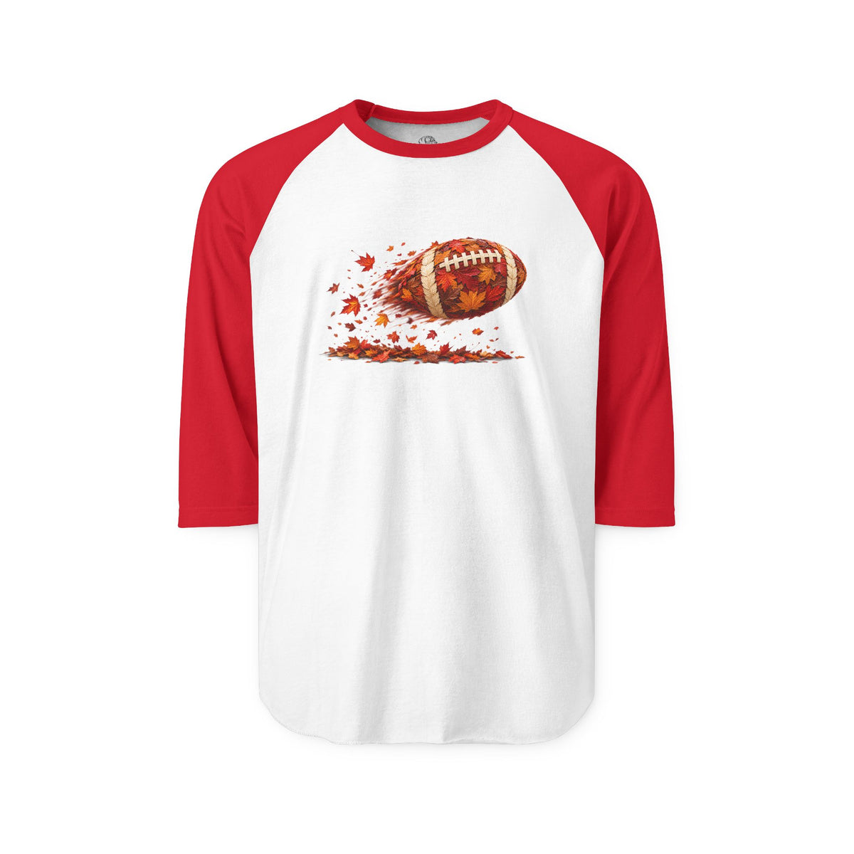 Red raglan long-sleeve shirt with white body displaying a football covered in fall leaves, ideal for game day and football enthusiasts.