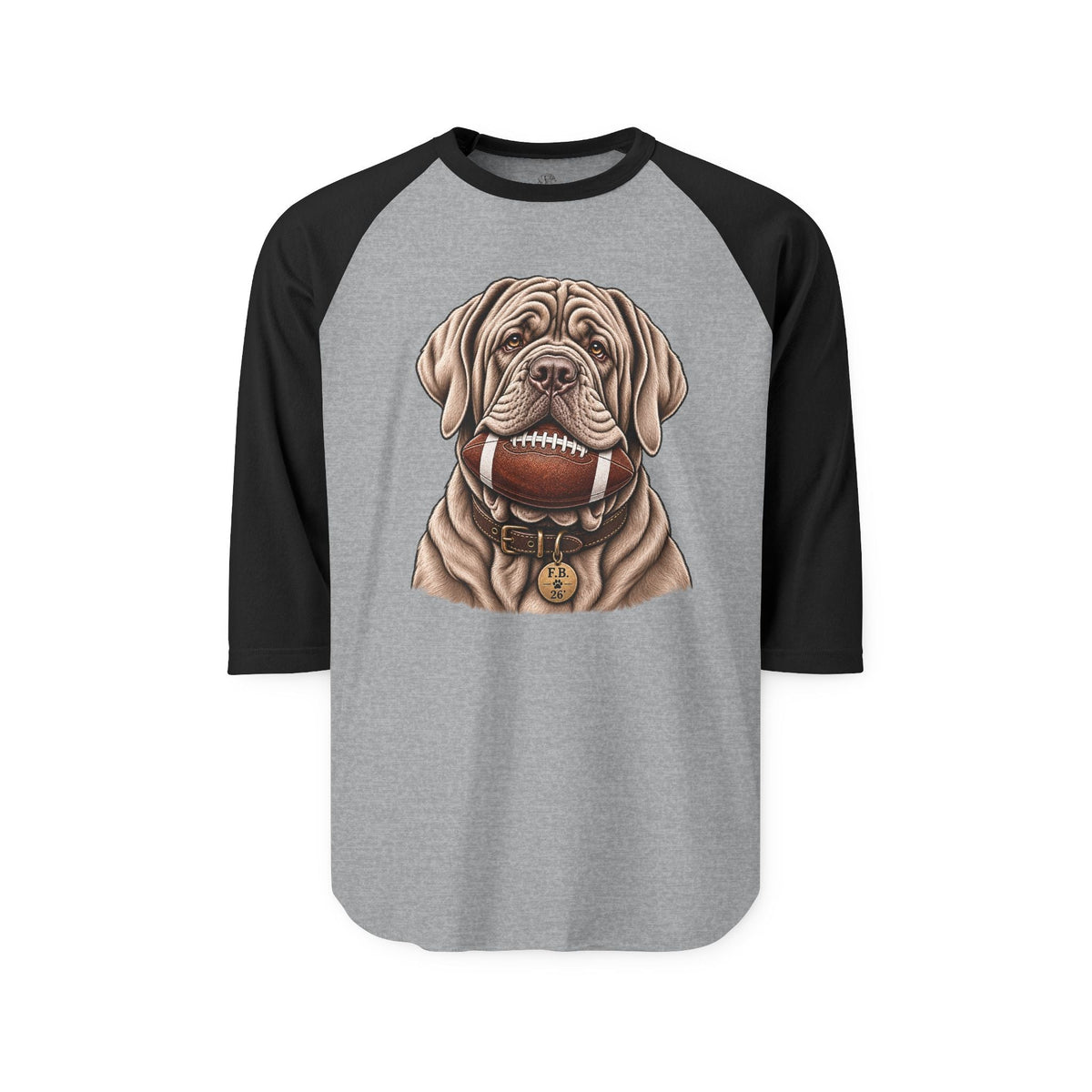 Close-up of the Mastiff dog illustration on the gray and black raglan tee, showcasing realistic fur details and football accessory, SKU: 26347701962968422555