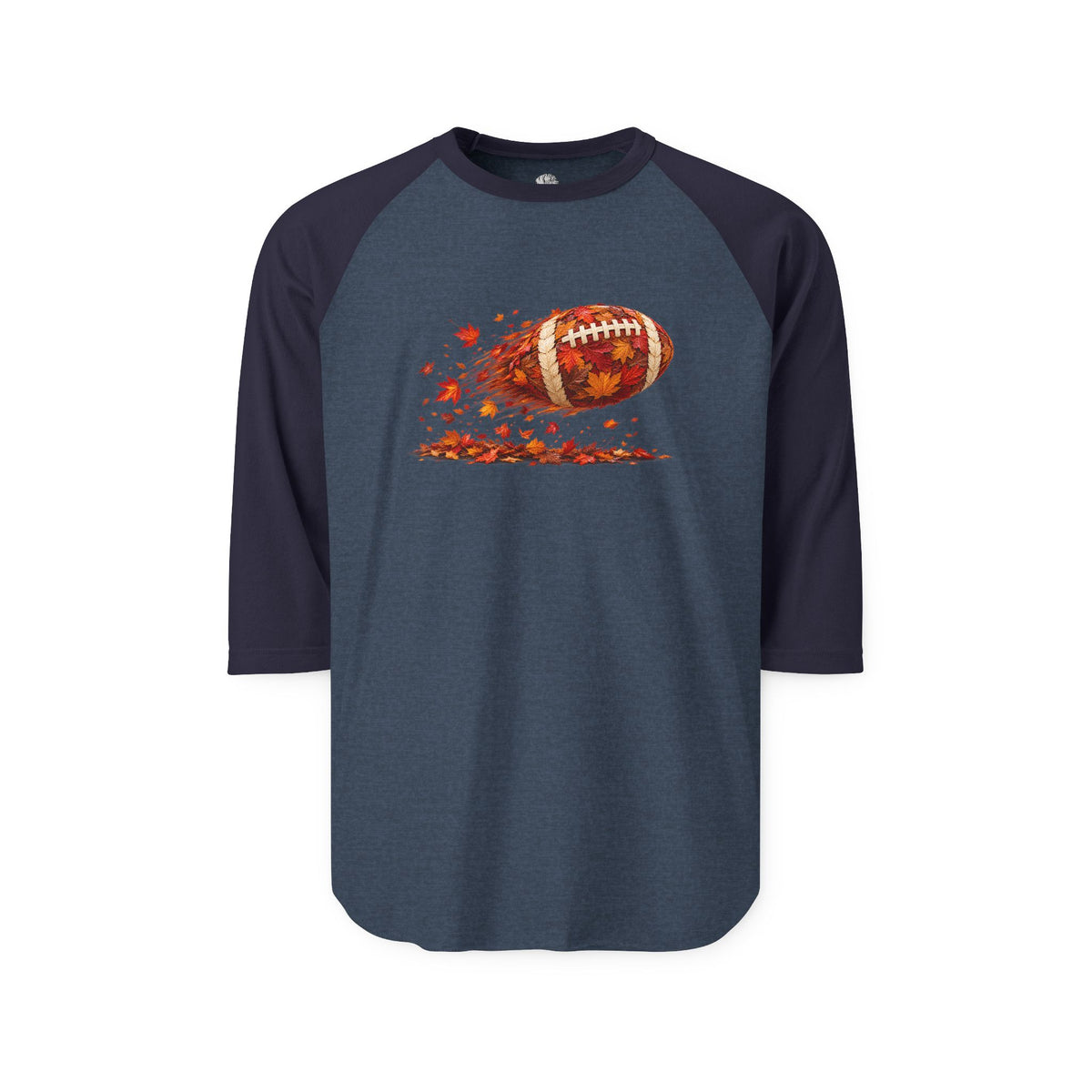 Long-sleeve raglan shirt in navy and dark gray with a football design made of autumn leaves, perfect for fall sports and casual wear - SKU: 28043689594707152941