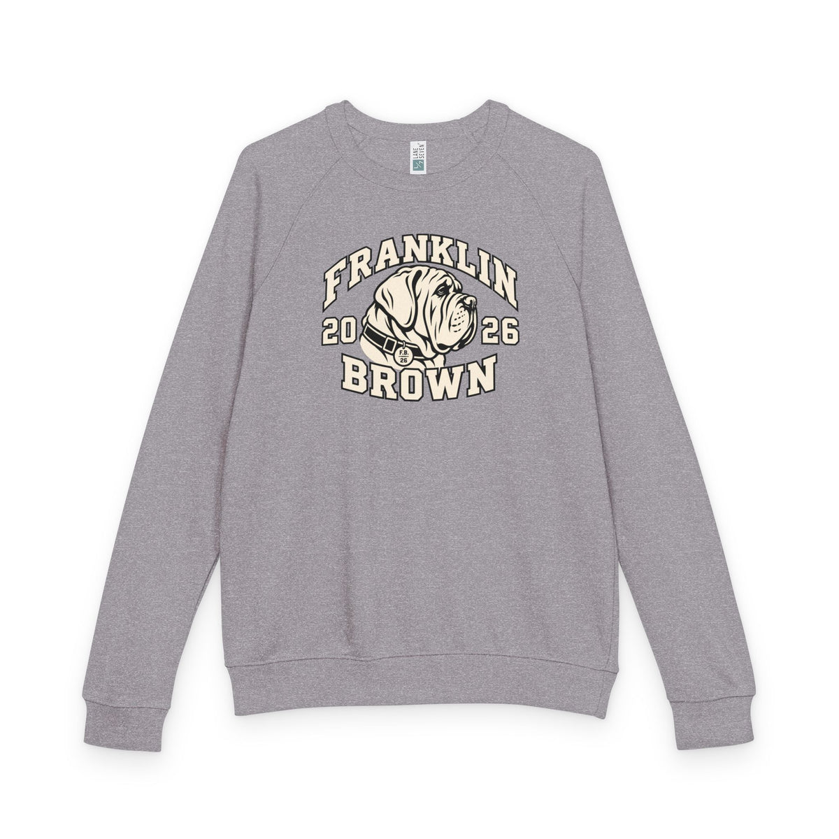 Gray heather crewneck sweatshirt featuring Franklin Brown vintage mastiff logo and text, long sleeves, crew neck, SKU: 31114469590385615068