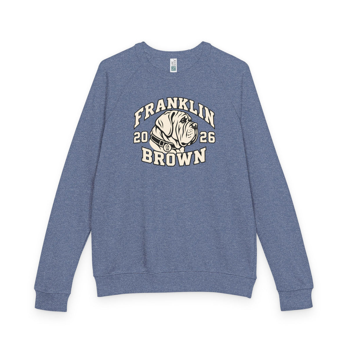 Blue Franklin Brown vintage crewneck sweatshirt with dog graphic and 'Franklin Brown' text, soft French terry material, size medium SKU: 31114469590385615068