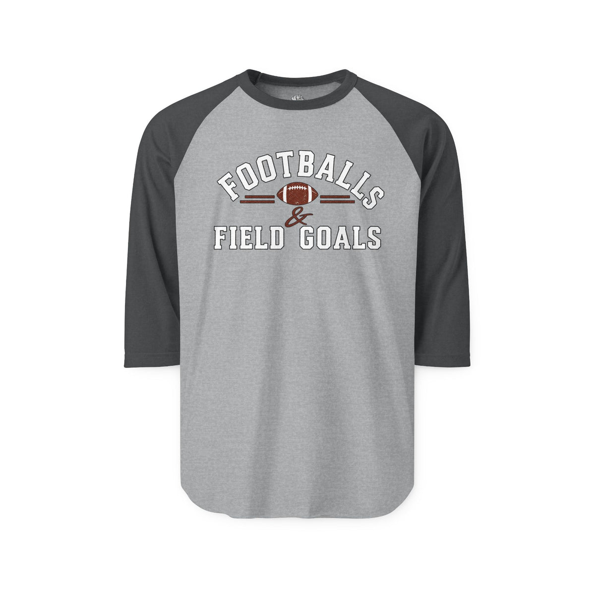 Gray and black long-sleeve raglan shirt with football-themed graphic and text reading 'Football & Field Goals' in bold letters, casual sportswear for men and women, SKU: 27071676321402275679