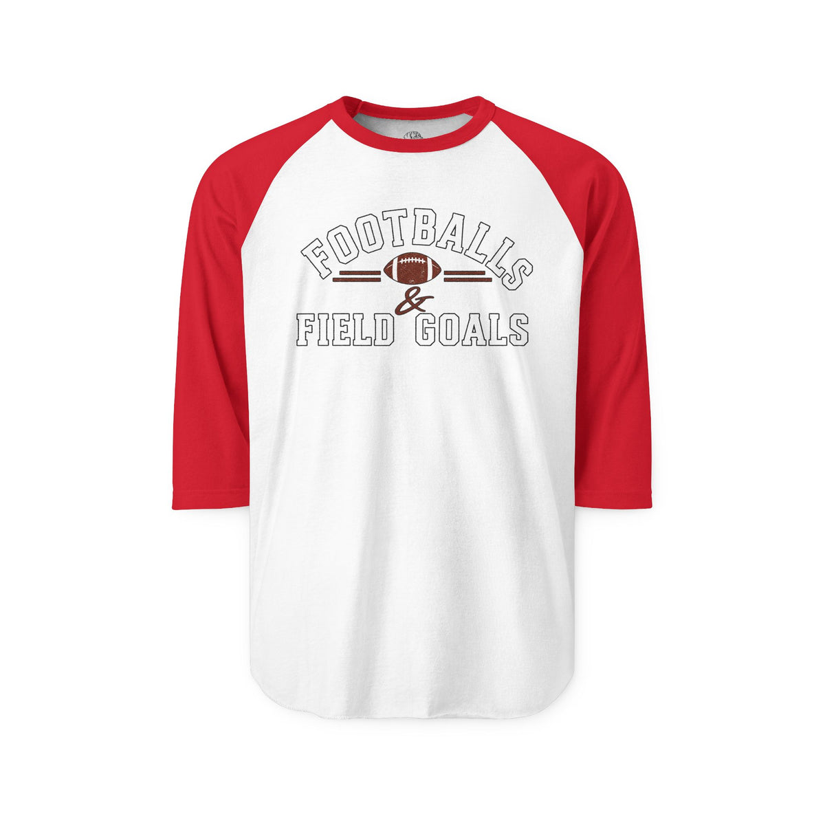 White long-sleeve raglan shirt with red sleeves showcasing a football graphic and text, suitable for casual sportswear and team fans.
