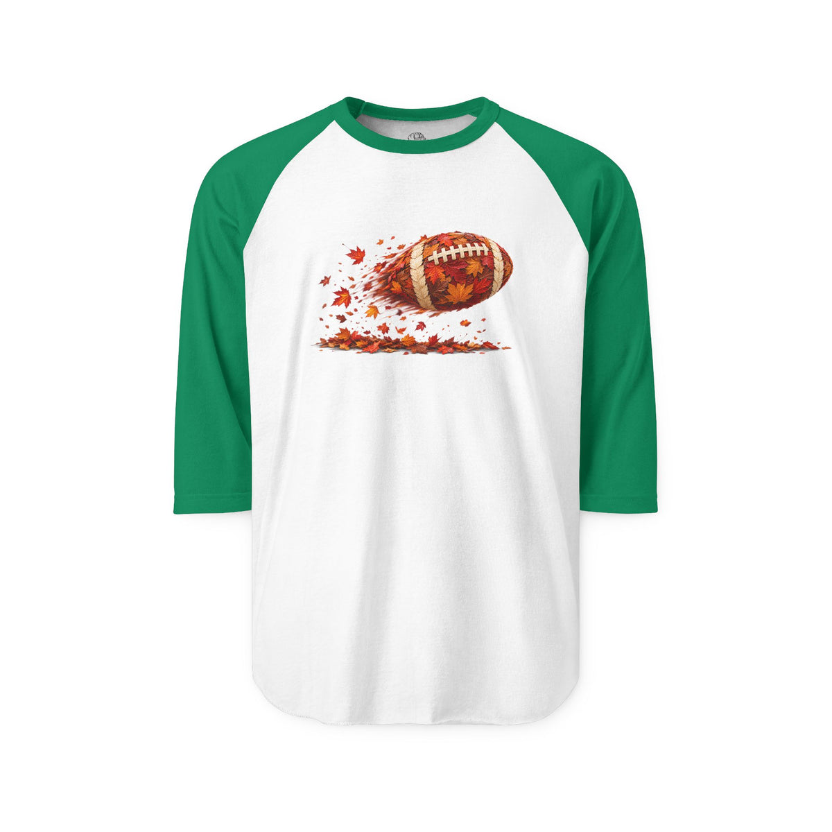 Black long-sleeve raglan shirt with gray sleeves featuring a football surrounded by autumn leaves and a tiger logo, perfect for fall football games.