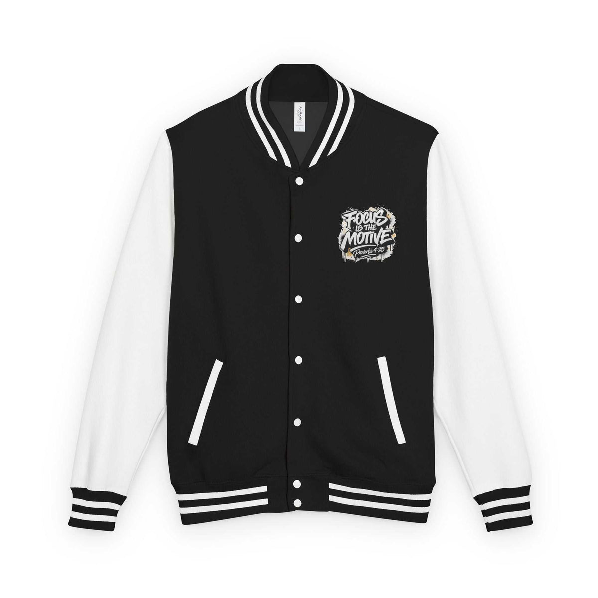 Focus Is The Motive Varsity Jacket — Proverbs 4:25 Inspirational Letterman