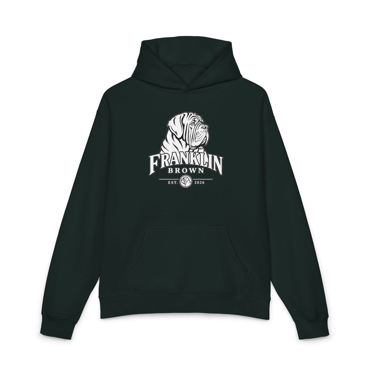 Dark navy blue hoodie with a prominent dog graphic and 'Franklin Brown' branding, equipped with a hood and front pocket, SKU: 25045669098469970037