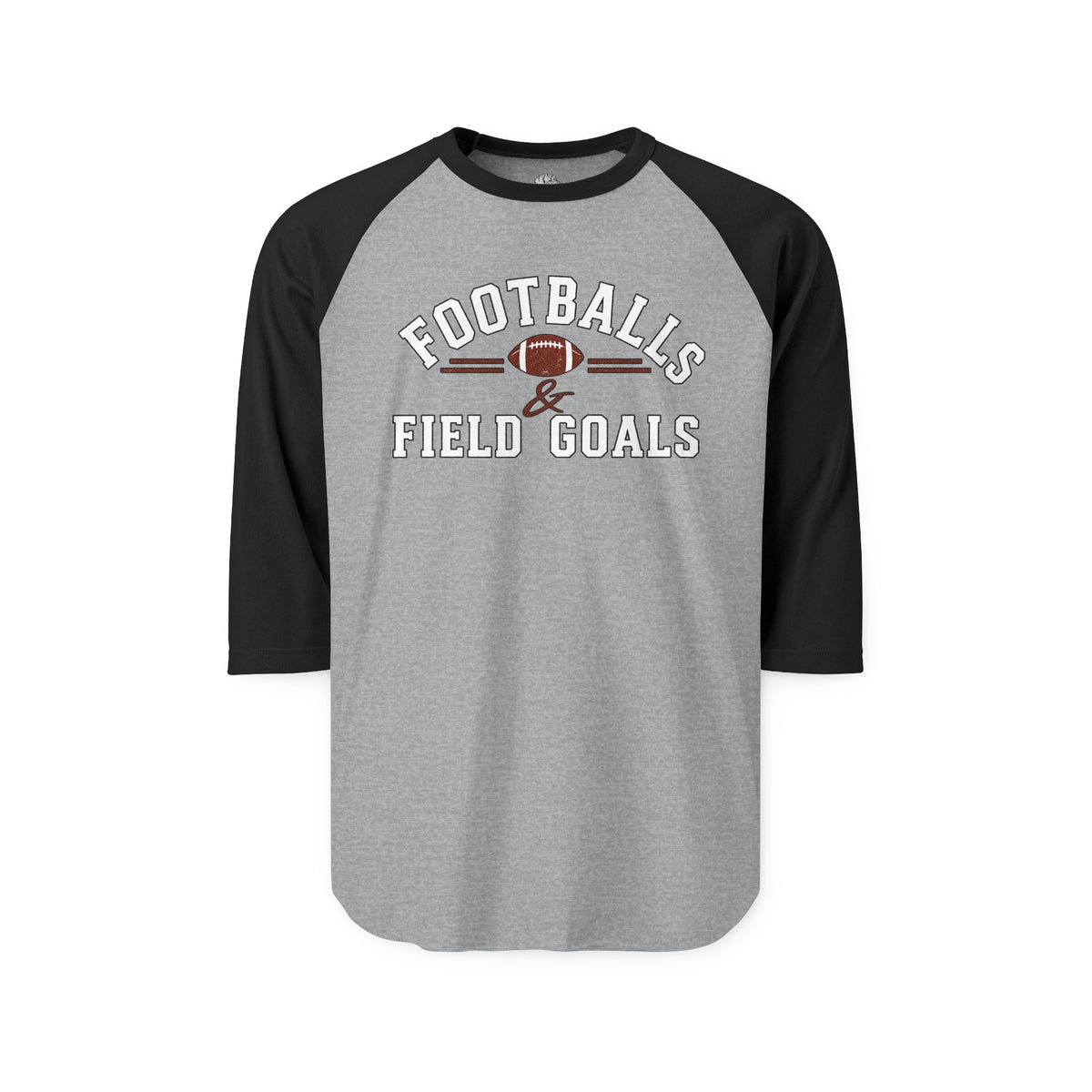 Gray long-sleeve raglan shirt with black sleeves featuring a football-themed graphic and text, SKU: 27071676321402275679