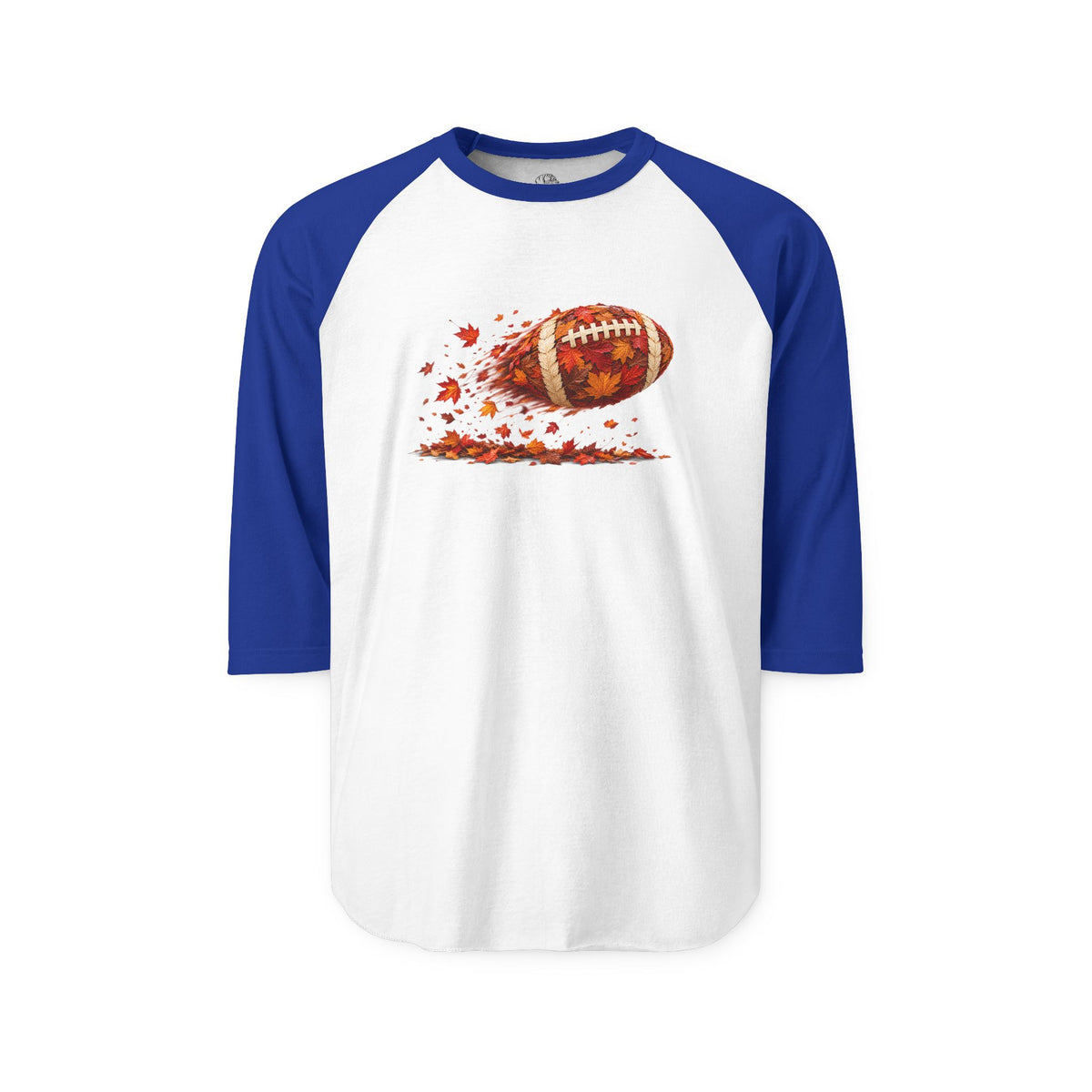 Long-sleeve raglan shirt with dark gray body and navy sleeves featuring a football surrounded by autumn leaves, great for fall sports events.