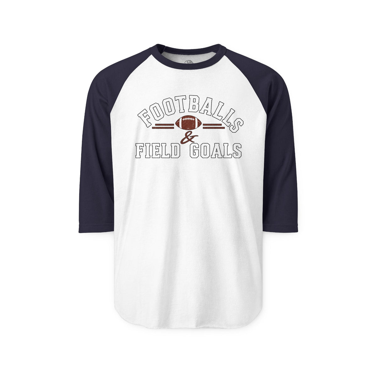 White long-sleeve raglan shirt with black sleeves displaying a football graphic and text, ideal for game day and sports enthusiasts.