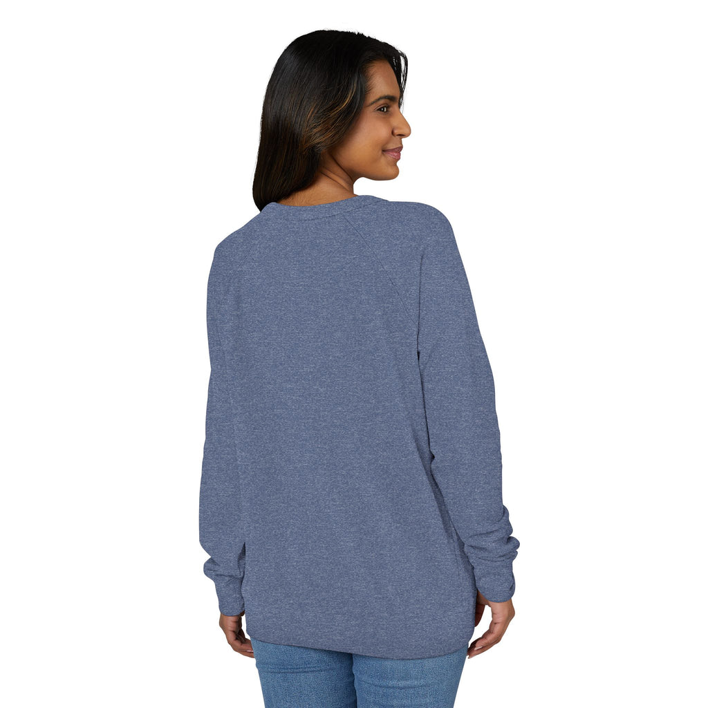 Model with dark hair and a smile wearing a blue Franklin Brown vintage crewneck sweatshirt with dog graphic, casual outfit, size medium SKU: 31114469590385615068