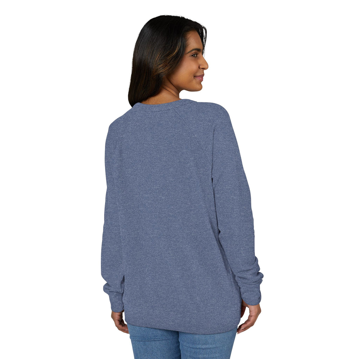 Model with dark hair and a smile wearing a blue Franklin Brown vintage crewneck sweatshirt with dog graphic, casual outfit, size medium SKU: 31114469590385615068
