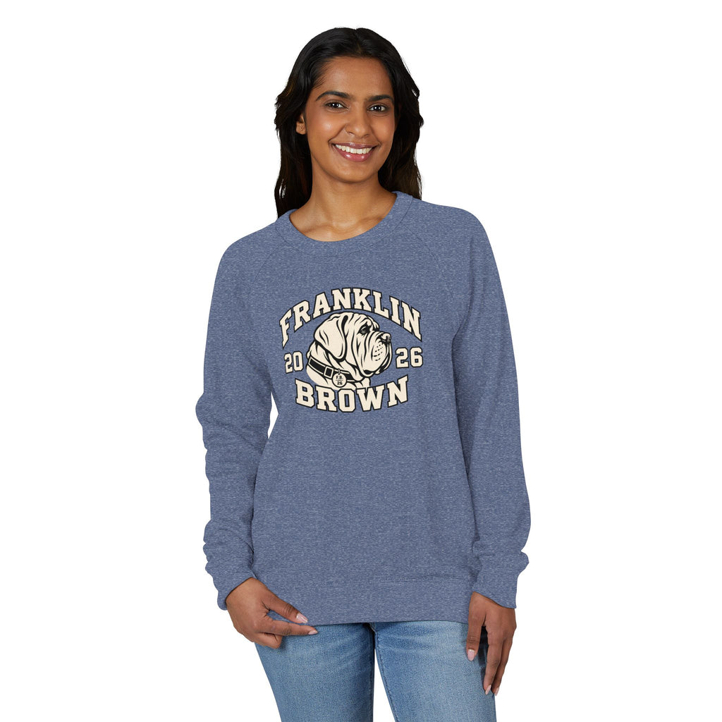 Model with dark hair wearing a blue Franklin Brown vintage crewneck sweatshirt featuring dog graphic and 'Franklin Brown' text, casual look, size medium SKU: 31114469590385615068
