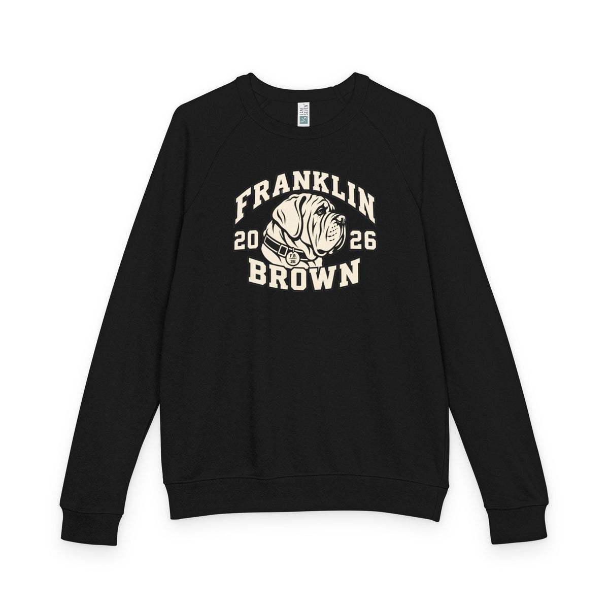 Blue crewneck sweatshirt with Franklin Brown vintage bulldog graphic and 2026 text, soft knit fabric, casual style