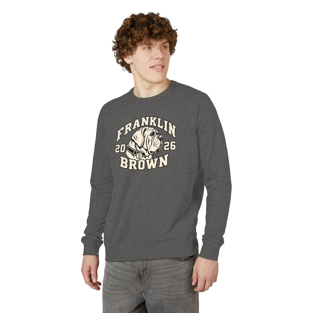 Gray crewneck sweatshirt with Franklin Brown vintage bulldog graphic and 2026 text, soft French terry material, unisex casual wear