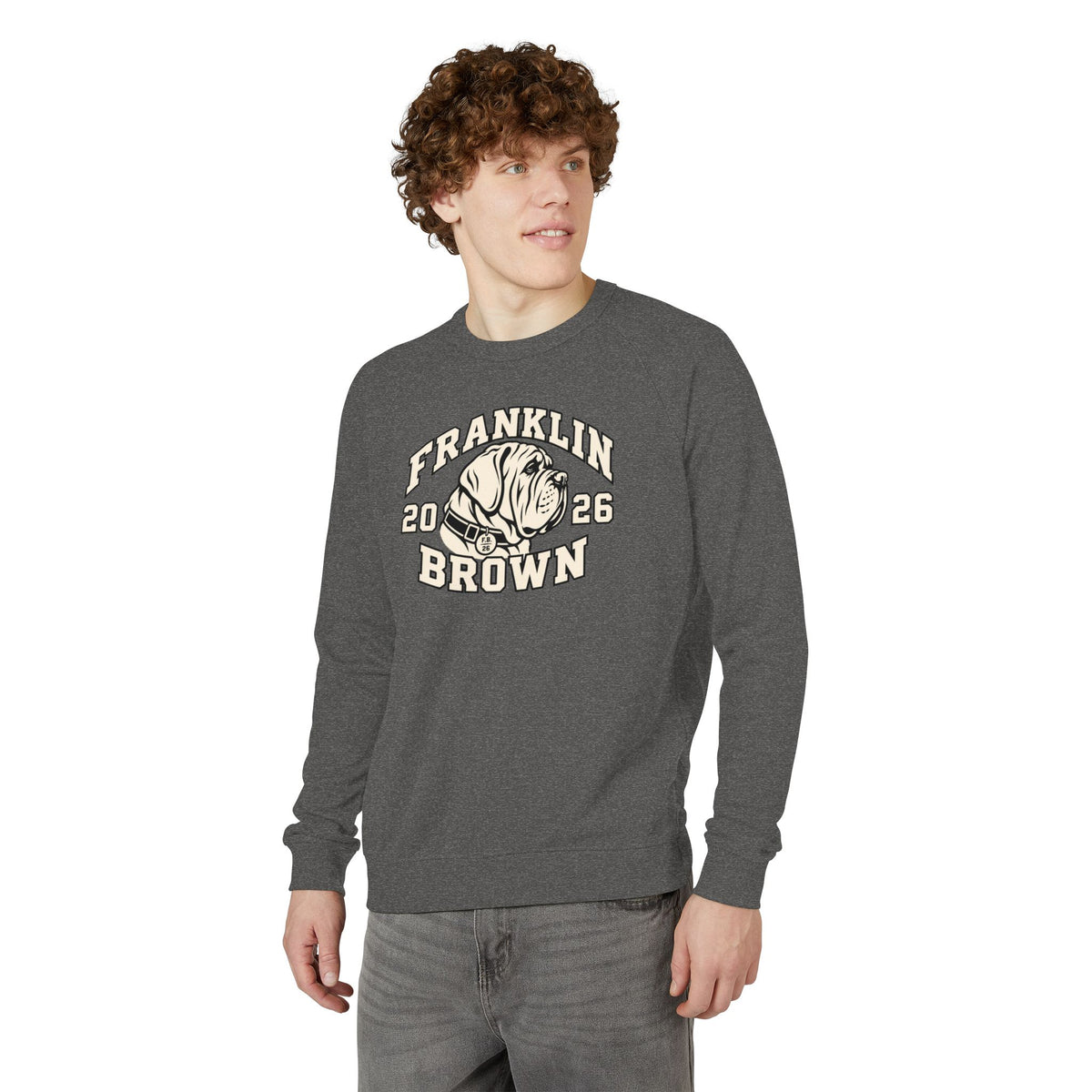 Gray crewneck sweatshirt with Franklin Brown vintage bulldog graphic and 2026 text, soft French terry material, unisex casual wear