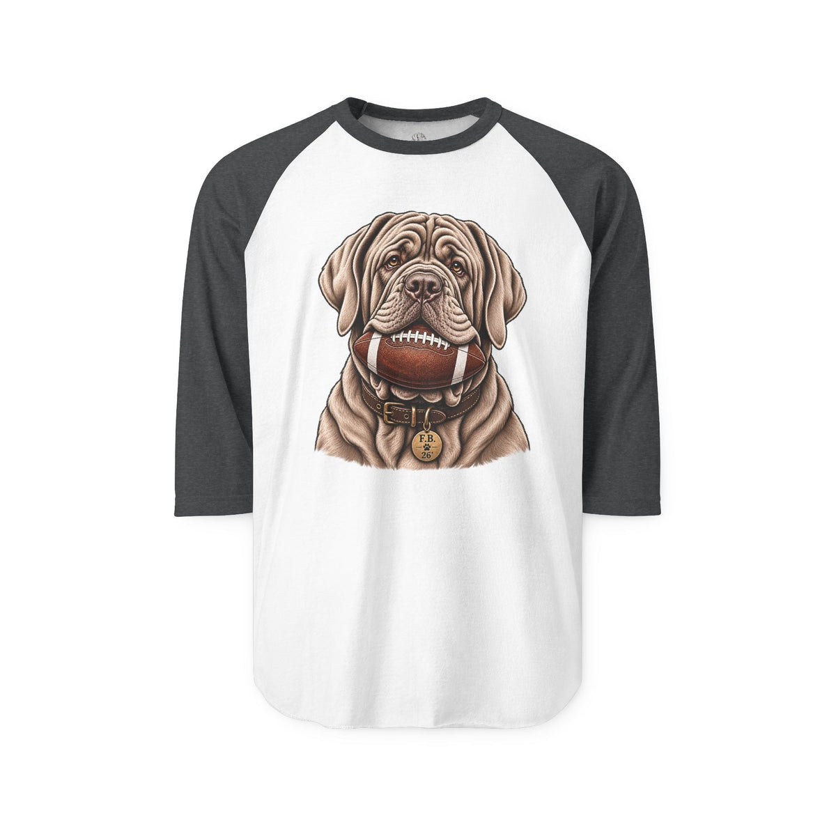 Long-sleeve raglan t-shirt with black sleeves and white body featuring a detailed illustration of a Mastiff dog wearing a football collar and tag, SKU: 26347701962968422555
