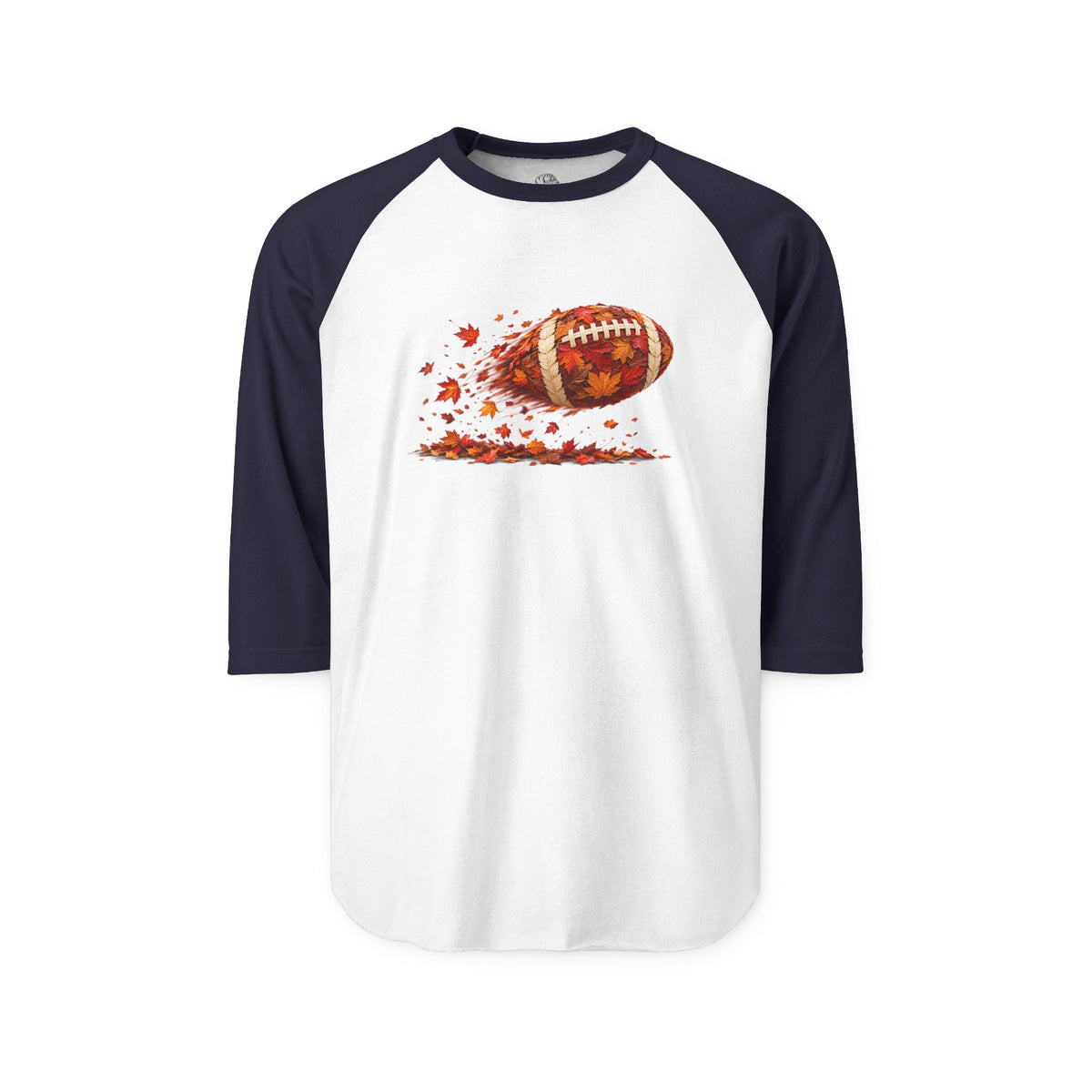 Long-sleeve raglan shirt with navy sleeves and white body featuring a football surrounded by autumn leaves, perfect for fall sports fans.