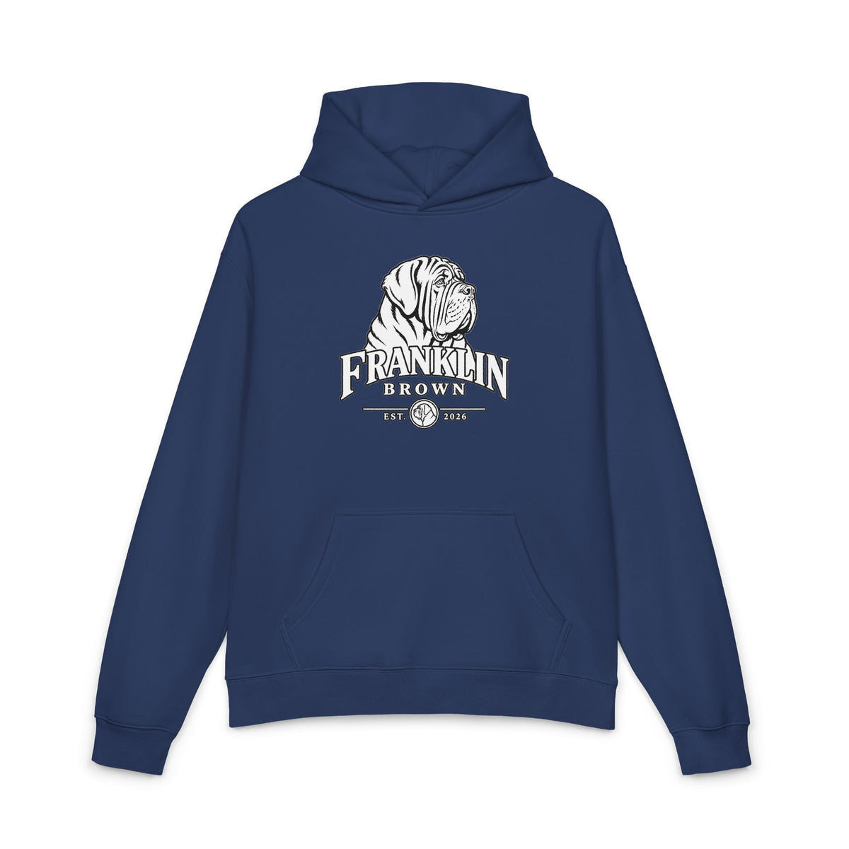 Navy blue relaxed hoodie featuring a large graphic of a detailed dog illustration and bold 'Franklin Brown' text, with a front kangaroo pocket and ribbed cuffs, casual streetwear style.