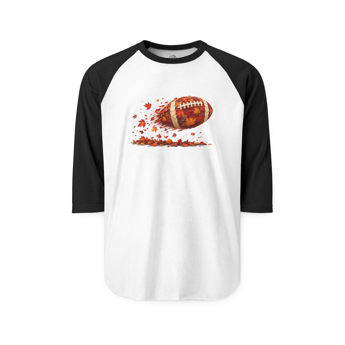 Long-sleeve raglan shirt with navy body and sleeves showing a football amid colorful fall leaves, suitable for football fans during fall.