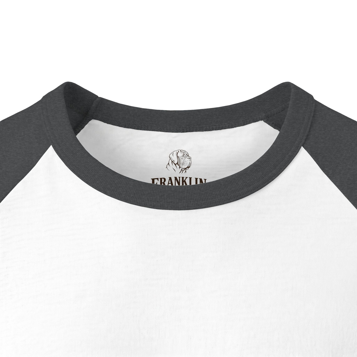Front view of a raglan t-shirt with black sleeves and white body, featuring a realistic Mastiff dog holding a football in its mouth, SKU: 26347701962968422555