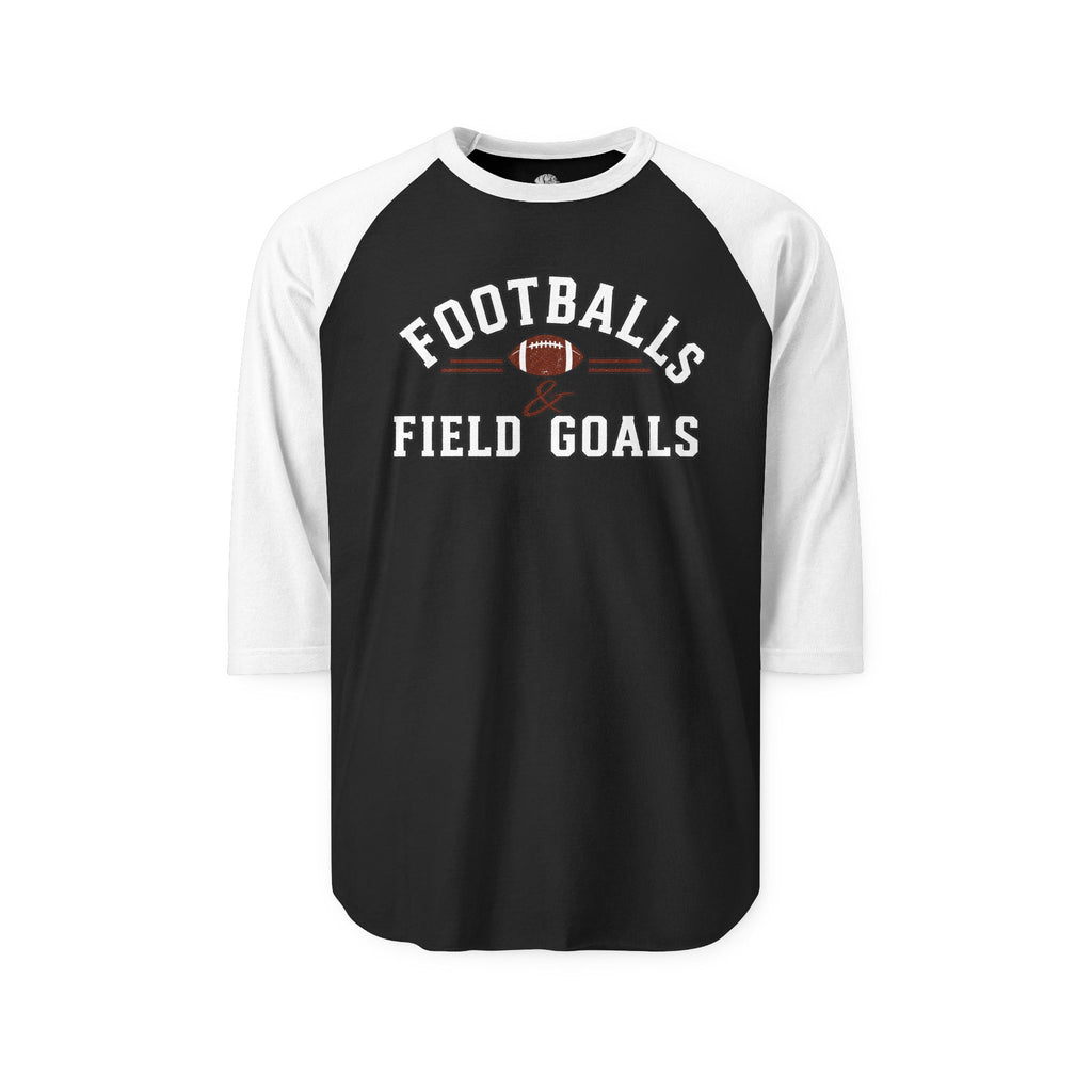 Black and white long-sleeve raglan shirt with football graphic and 'Football Field Goals' text, made from cotton, versatile sportswear for men and women.