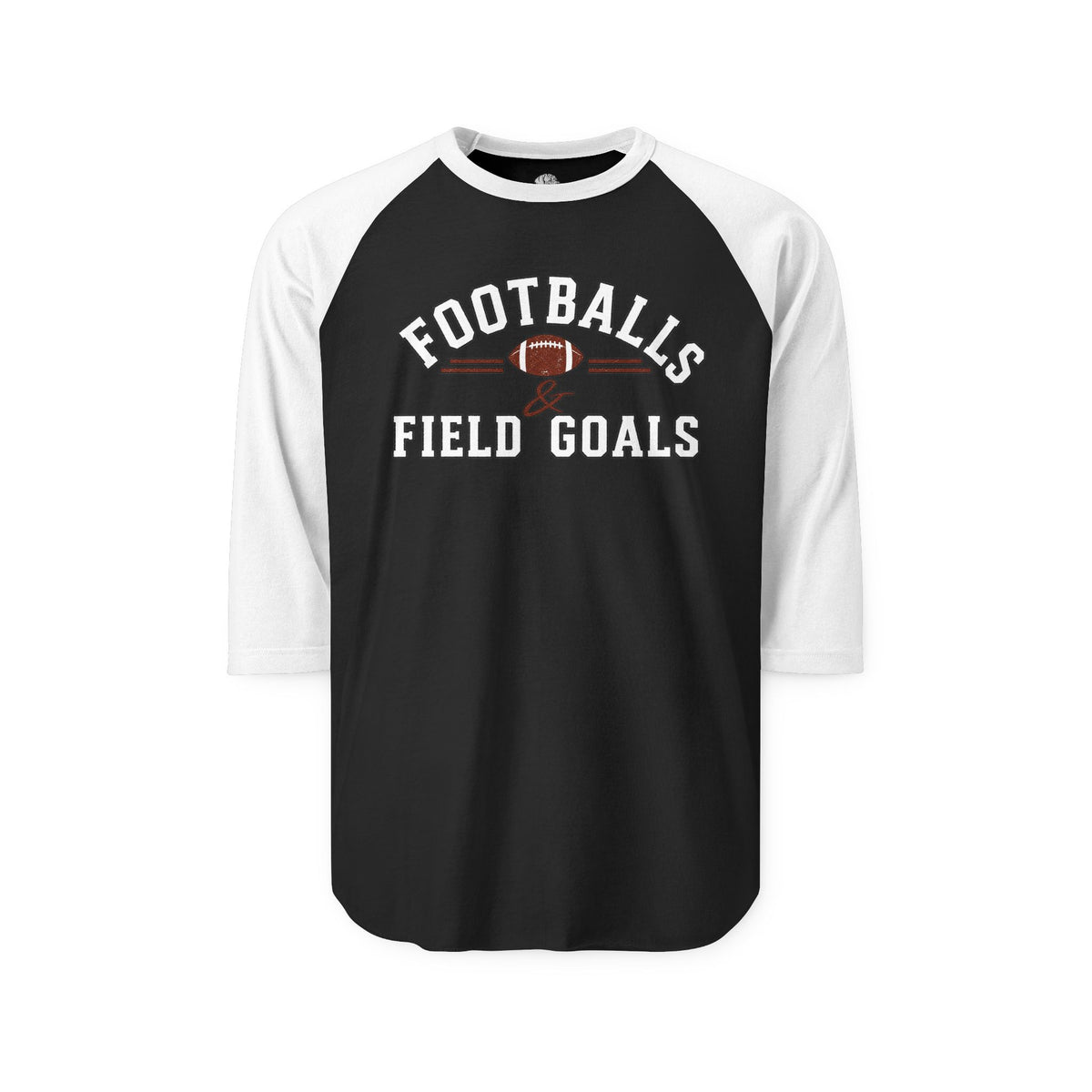 Black and white long-sleeve raglan shirt with football graphic and 'Football Field Goals' text, made from cotton, versatile sportswear for men and women.