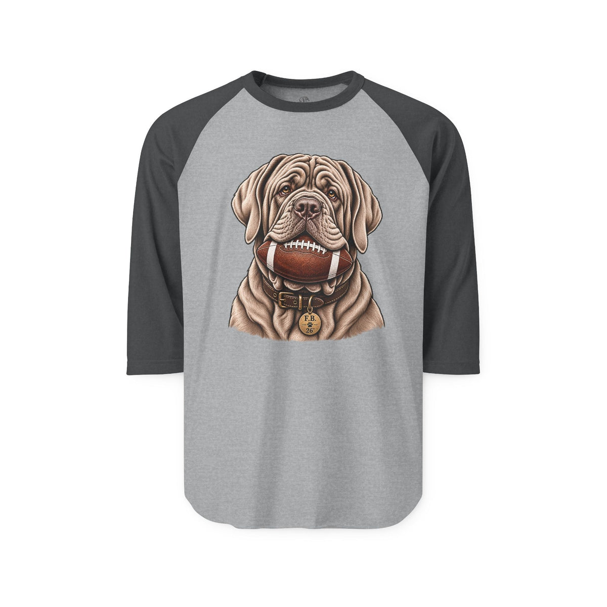 Gray and black long-sleeve raglan tee featuring a detailed illustration of a Mastiff dog holding a football in its mouth, casual style for pet lovers, SKU: 26347701962968422555