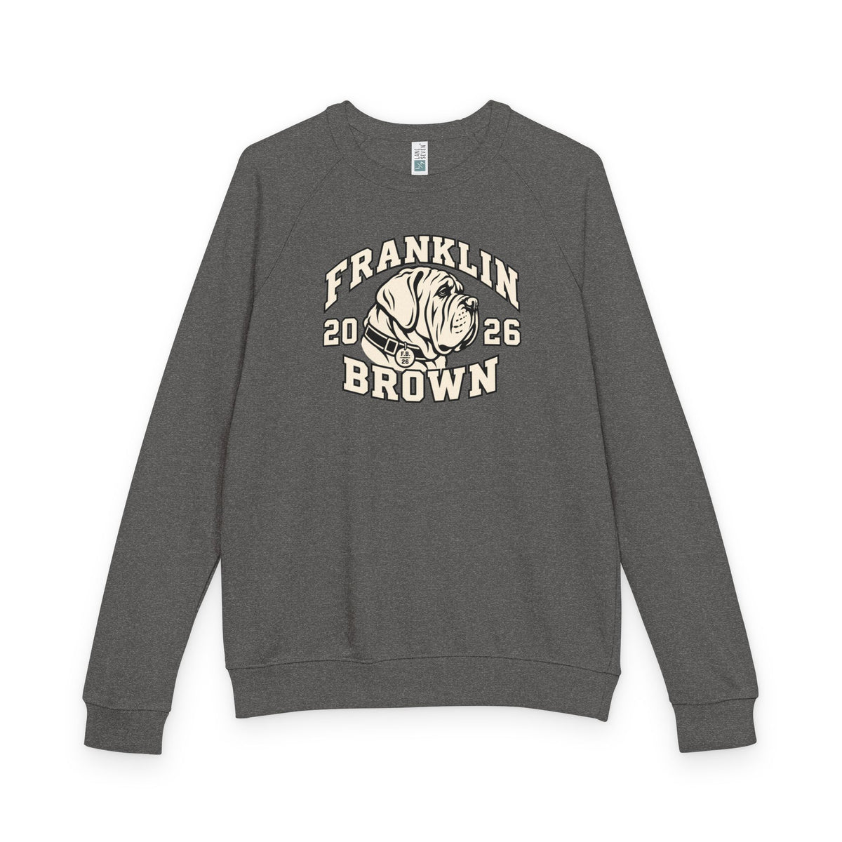 Model with dark hair and a smile wearing a dark gray Franklin Brown vintage crewneck sweatshirt with dog graphic, casual style, size medium SKU: 31114469590385615068