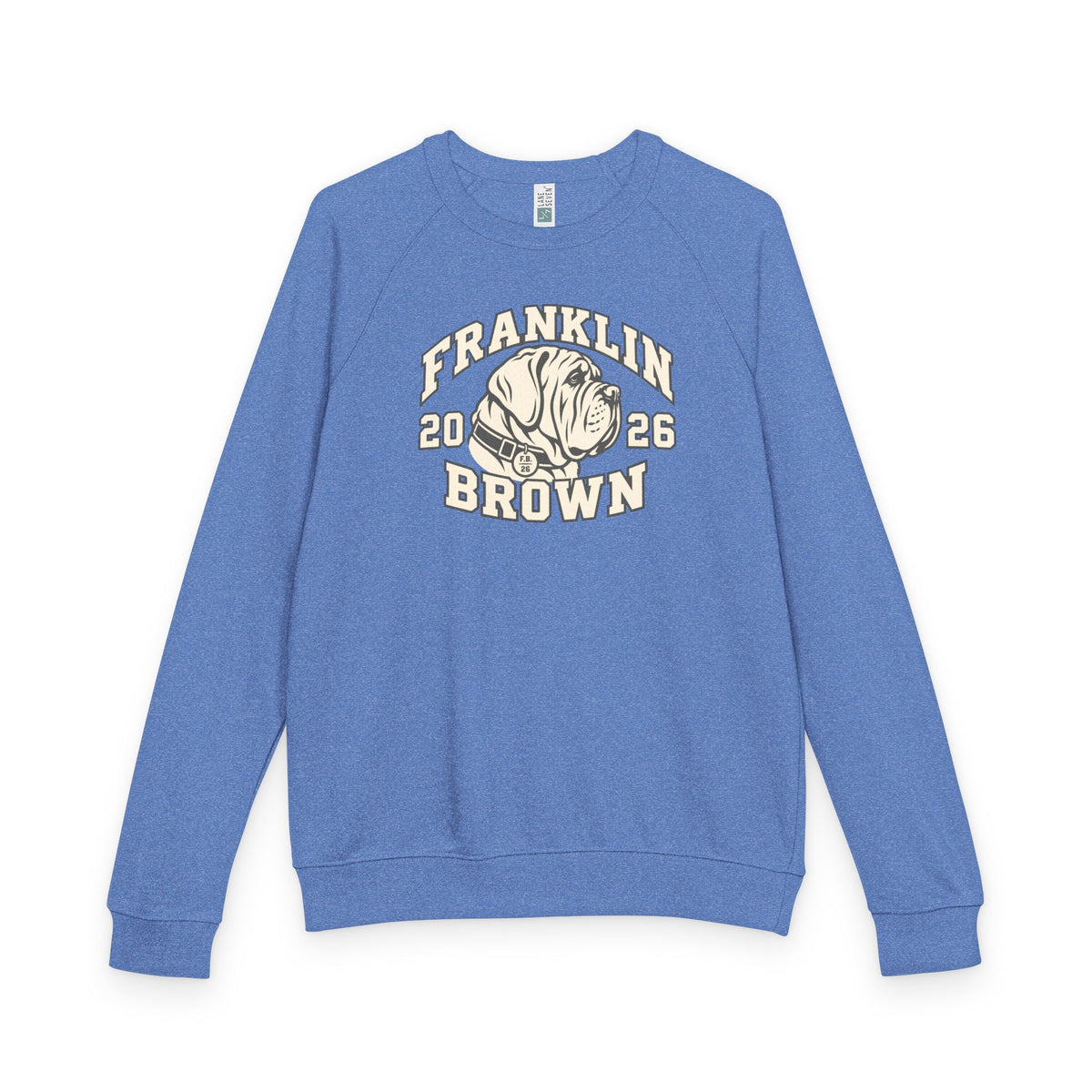 Back view of blue Franklin Brown vintage bulldog crewneck sweatshirt with 2026 text, relaxed fit and comfortable material