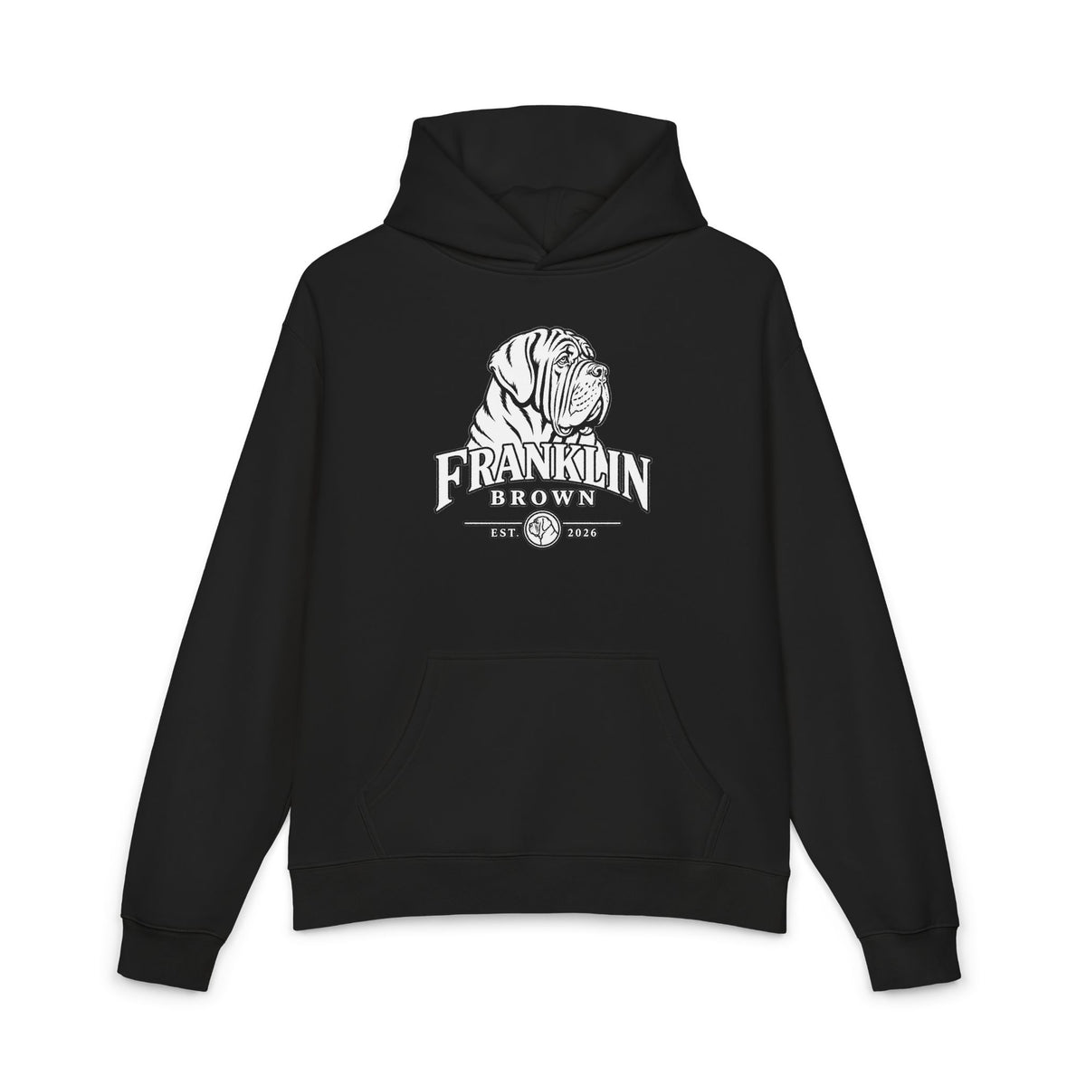Black hoodie with a white graphic of a dog and the text Franklin Brown, relaxed fit, front kangaroo pocket, on a white background