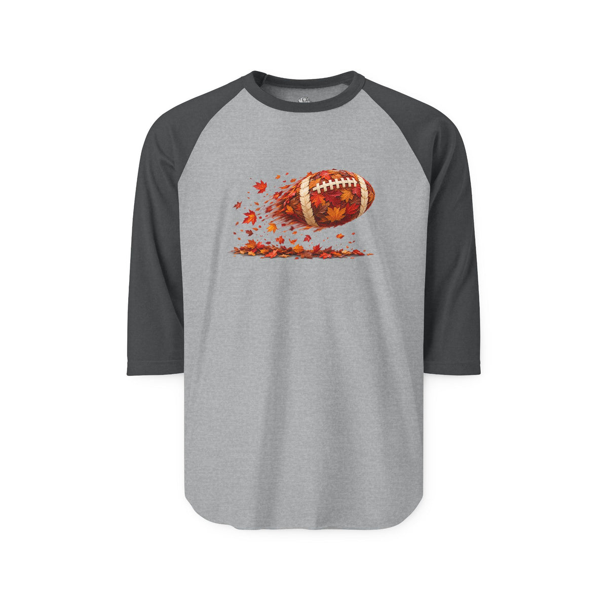 Green long-sleeve raglan shirt with black sleeves displaying a football with autumn leaves and a tiger logo, ideal for fall tailgates.
