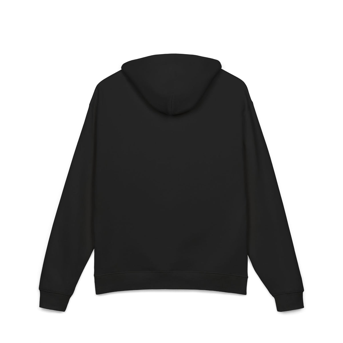 Close-up of black hoodie with a graphic of a dog and Franklin Brown logo, hood up, on a white background