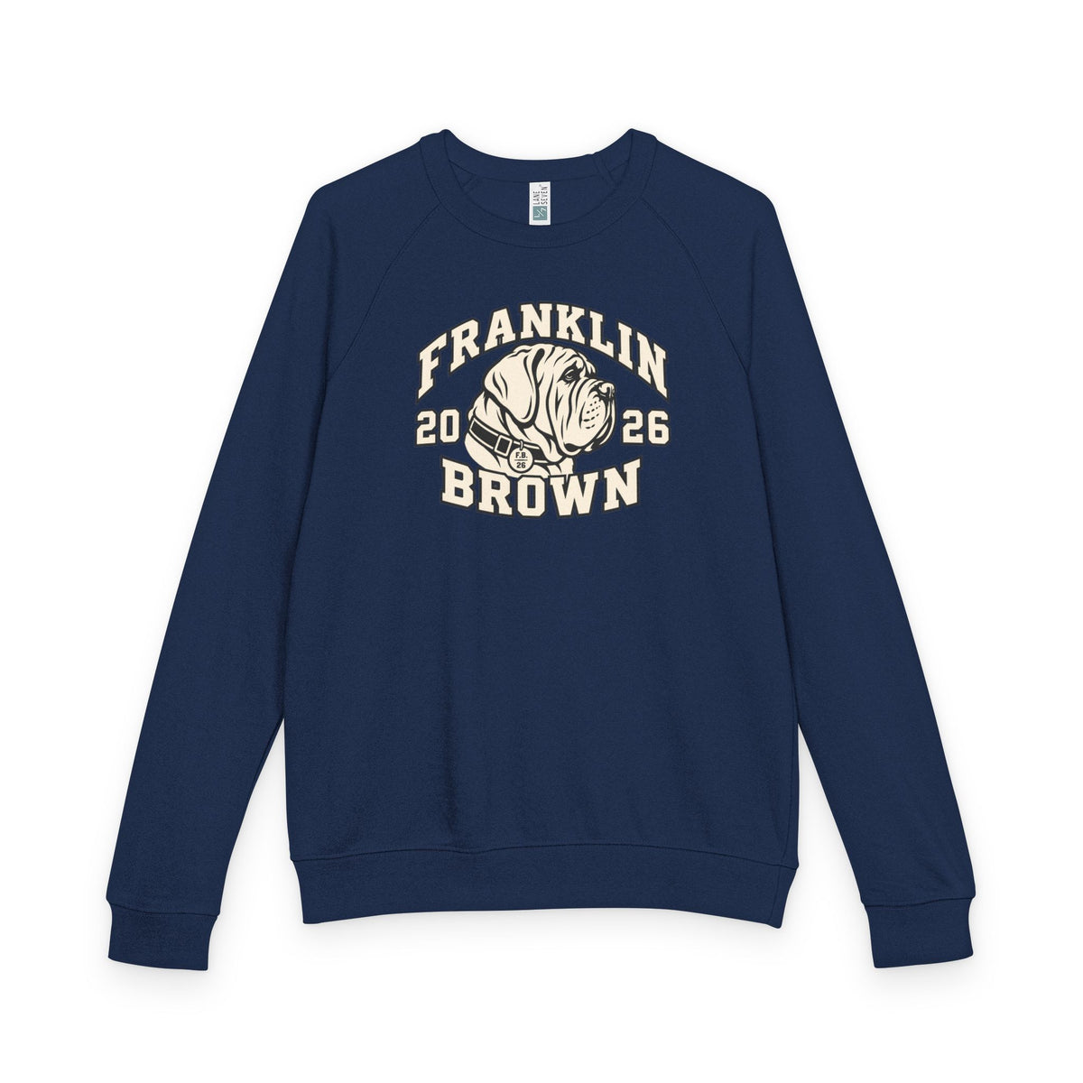 Navy blue crewneck sweatshirt with Franklin Brown vintage mastiff graphic and bold lettering, long sleeves, crew neckline, SKU: 31114469590385615068
