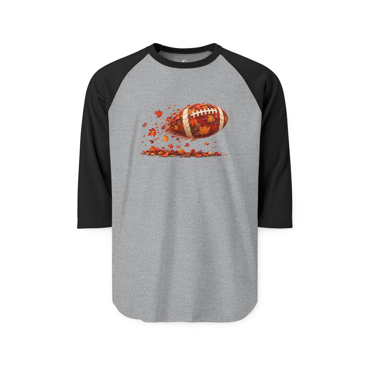 Long-sleeve raglan shirt with gray body and navy sleeves displaying a football with autumn leaves, ideal for fall game day wear.