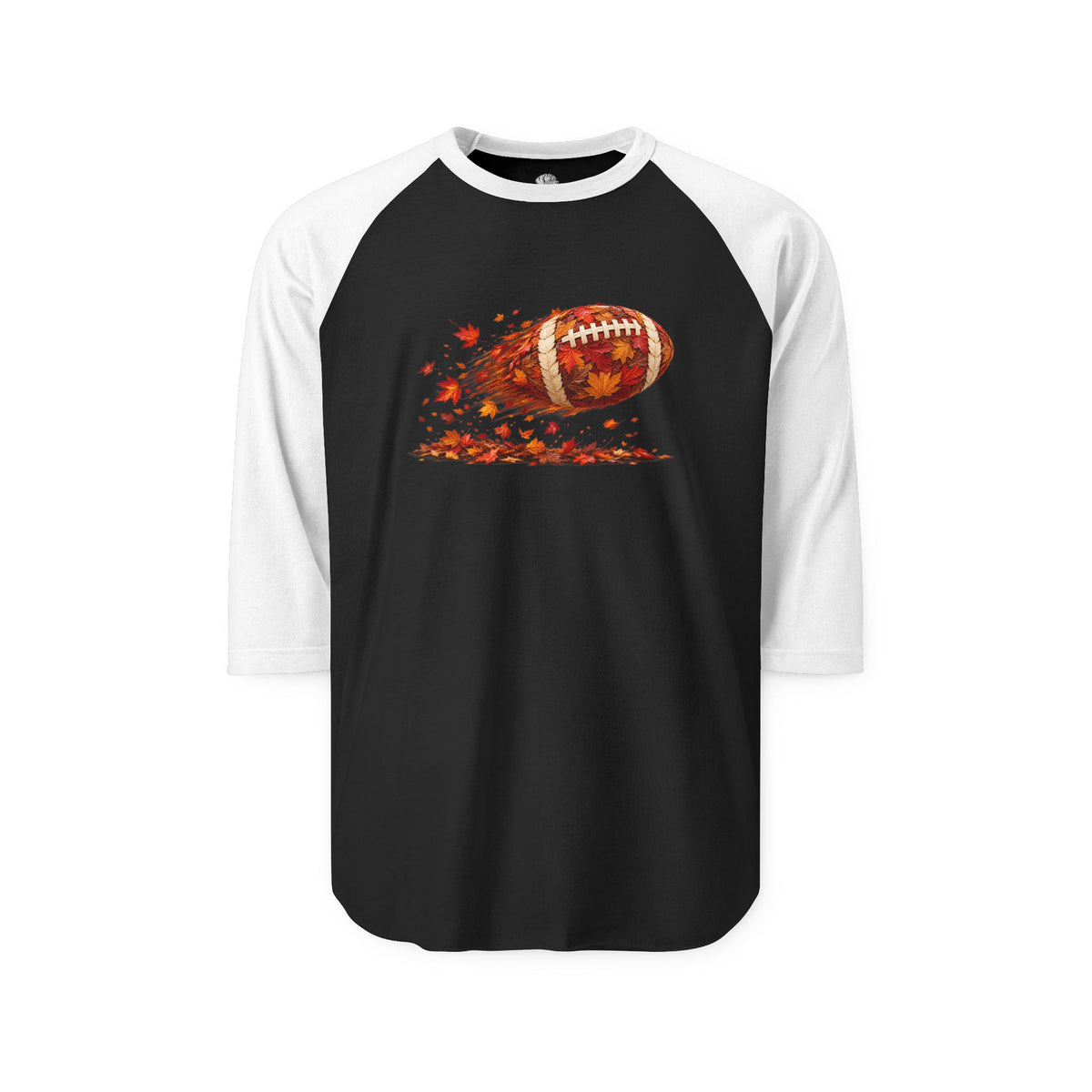 White long-sleeve raglan shirt with black sleeves featuring a football surrounded by autumn leaves and a tiger logo, perfect for fall sports.