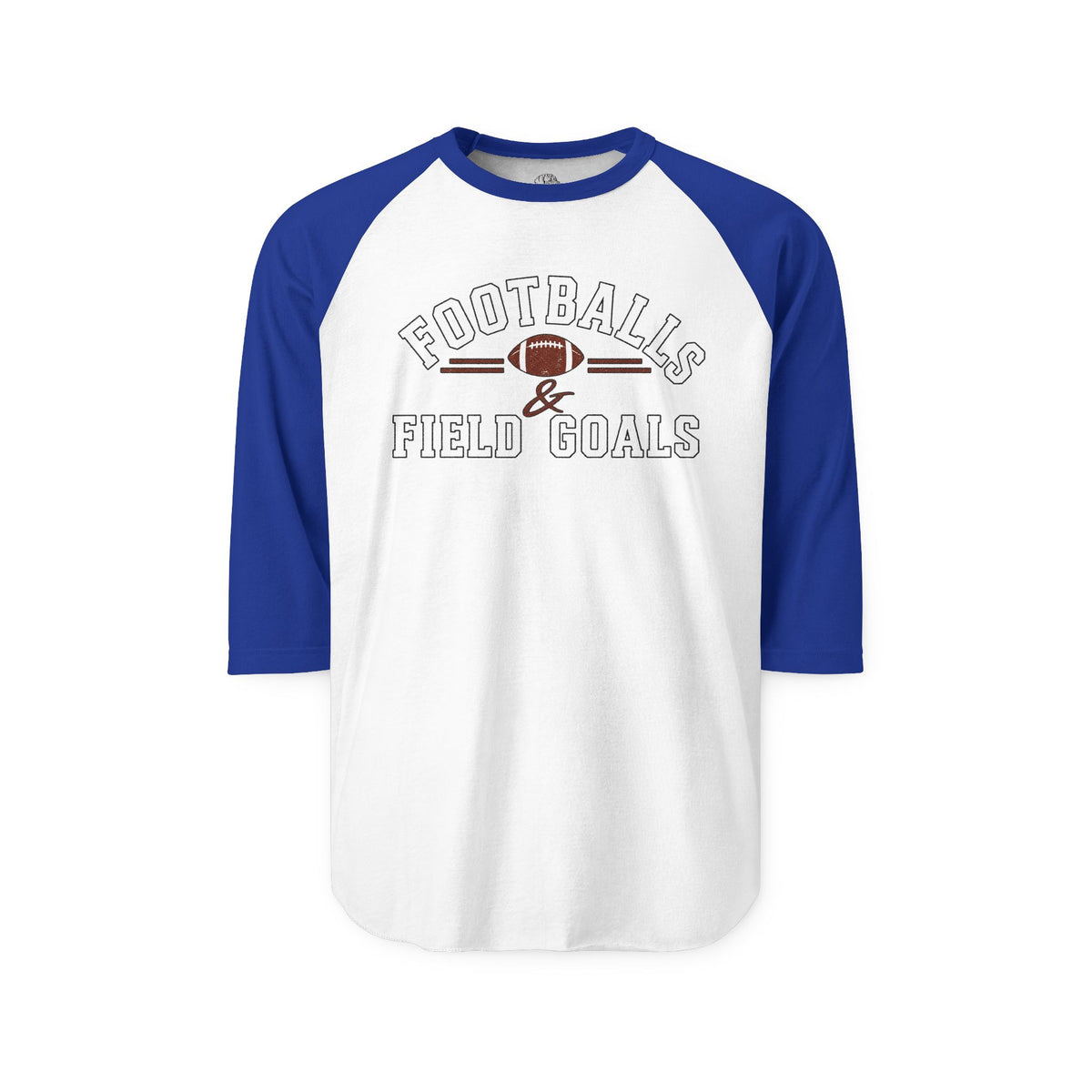 White long-sleeve raglan shirt with blue sleeves featuring a football-themed graphic and text, perfect for sports fans and casual wear.