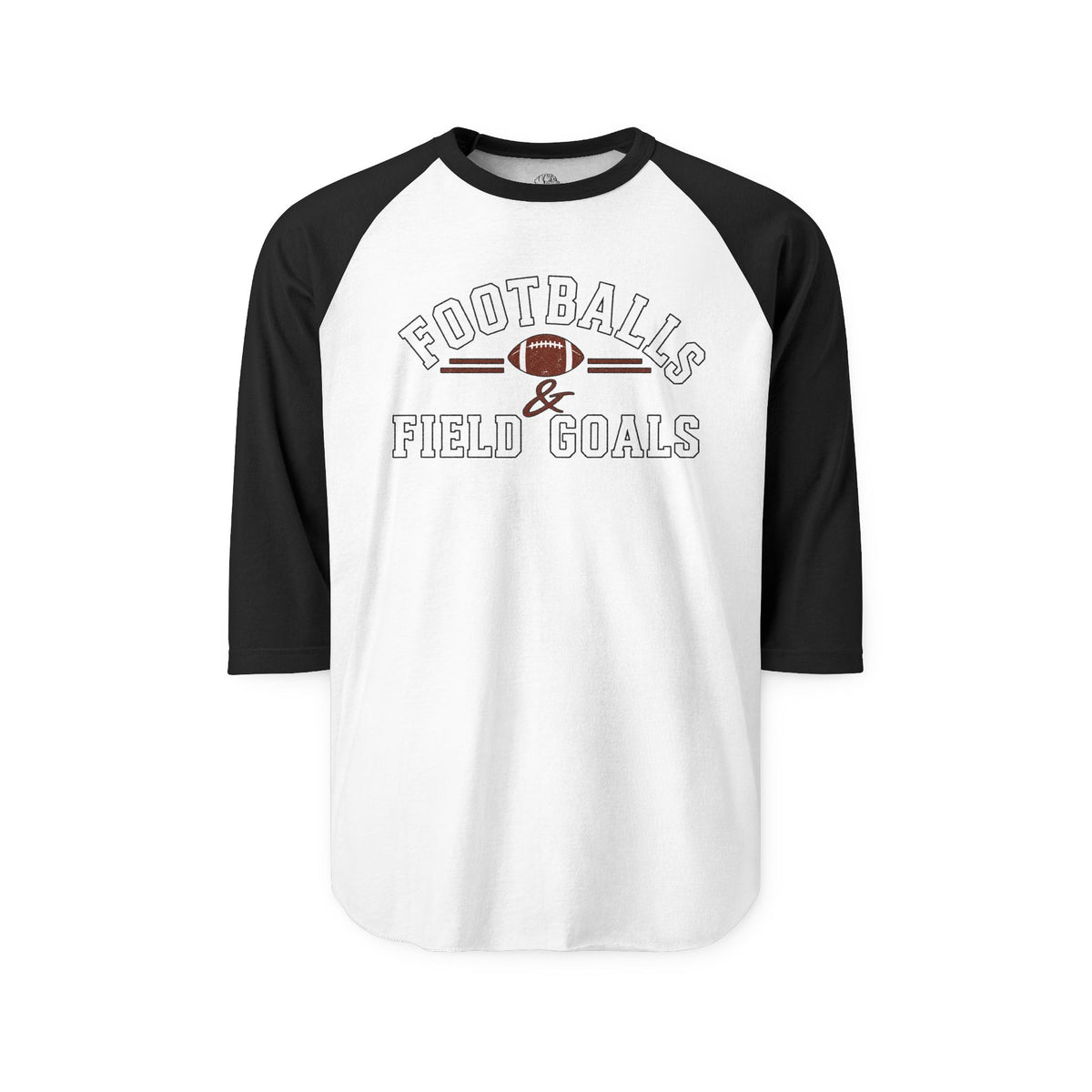 Black and white long-sleeve raglan shirt with football-themed graphic and text reading 'Football & Field Goals' for sportswear and casual wear