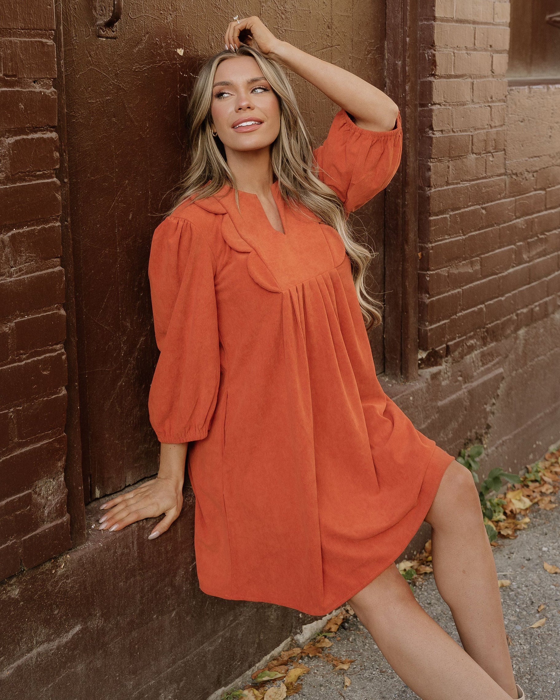 Micah Scallop Detail Pleated Corduroy Mini Dress - Orange