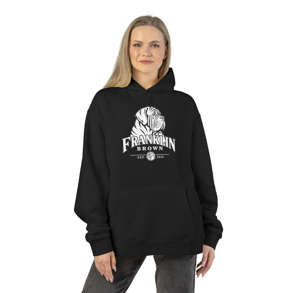 Black hoodie with a white graphic of a dog and 'Franklin Brown' text, relaxed fit, long sleeves, casual streetwear style, SKU: 25045669098469970037