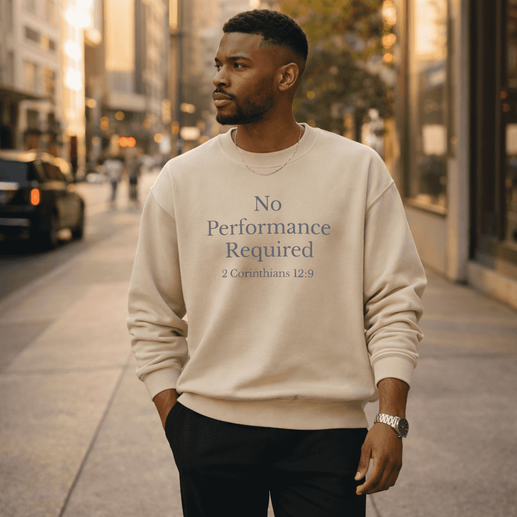 No Performance Required Sweatshirt — 2 Corinthians 12:9 Christian Crewneck