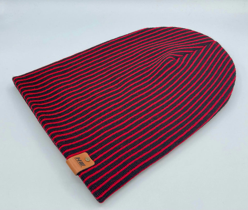 Cuffed Wide Ribbed Striped Beanie, Contrast, Black and Red, Classic Beanie