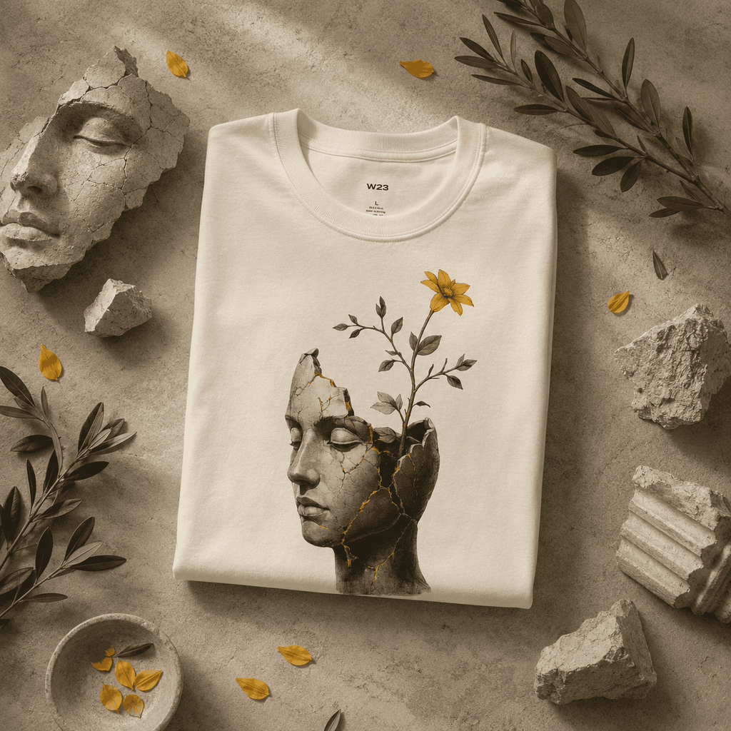 SEEN. Still Becoming Tee — Cracked Sculpture, Flower Growth