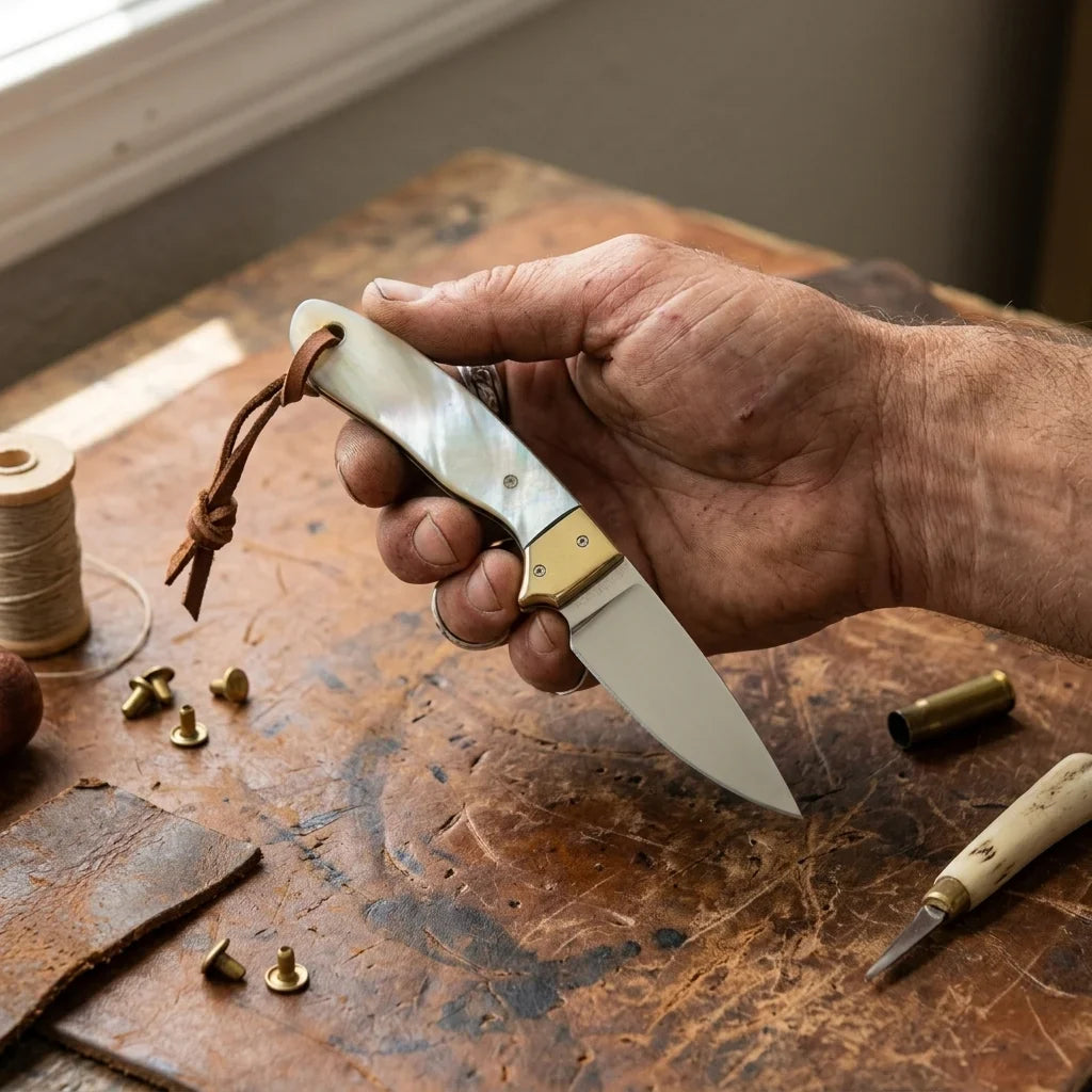 The White Ghost – Custom Handmade D2 Steel Buckaroo Ranch Knife with White Sheep Horn & Brass Bolster