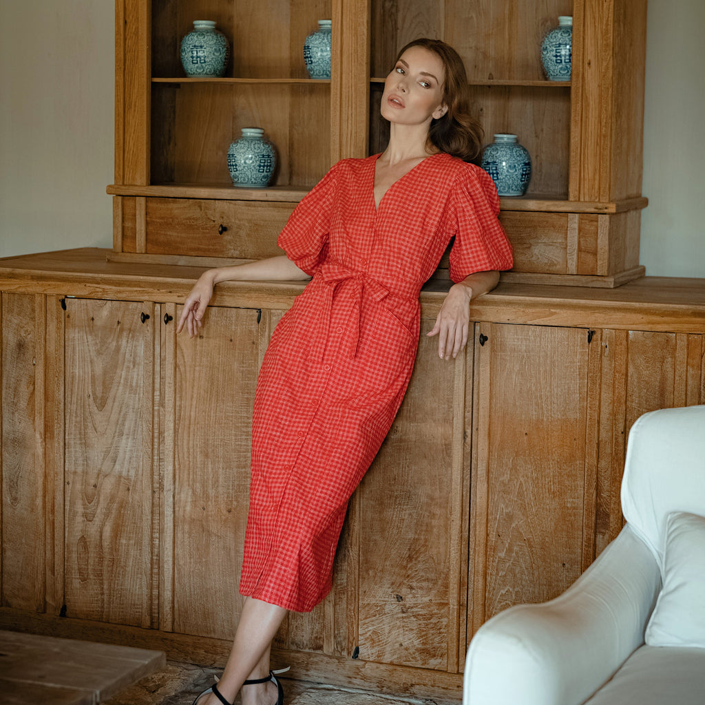 MEGHAN Gingham Hemp Midi Dress In Scarlet Red
