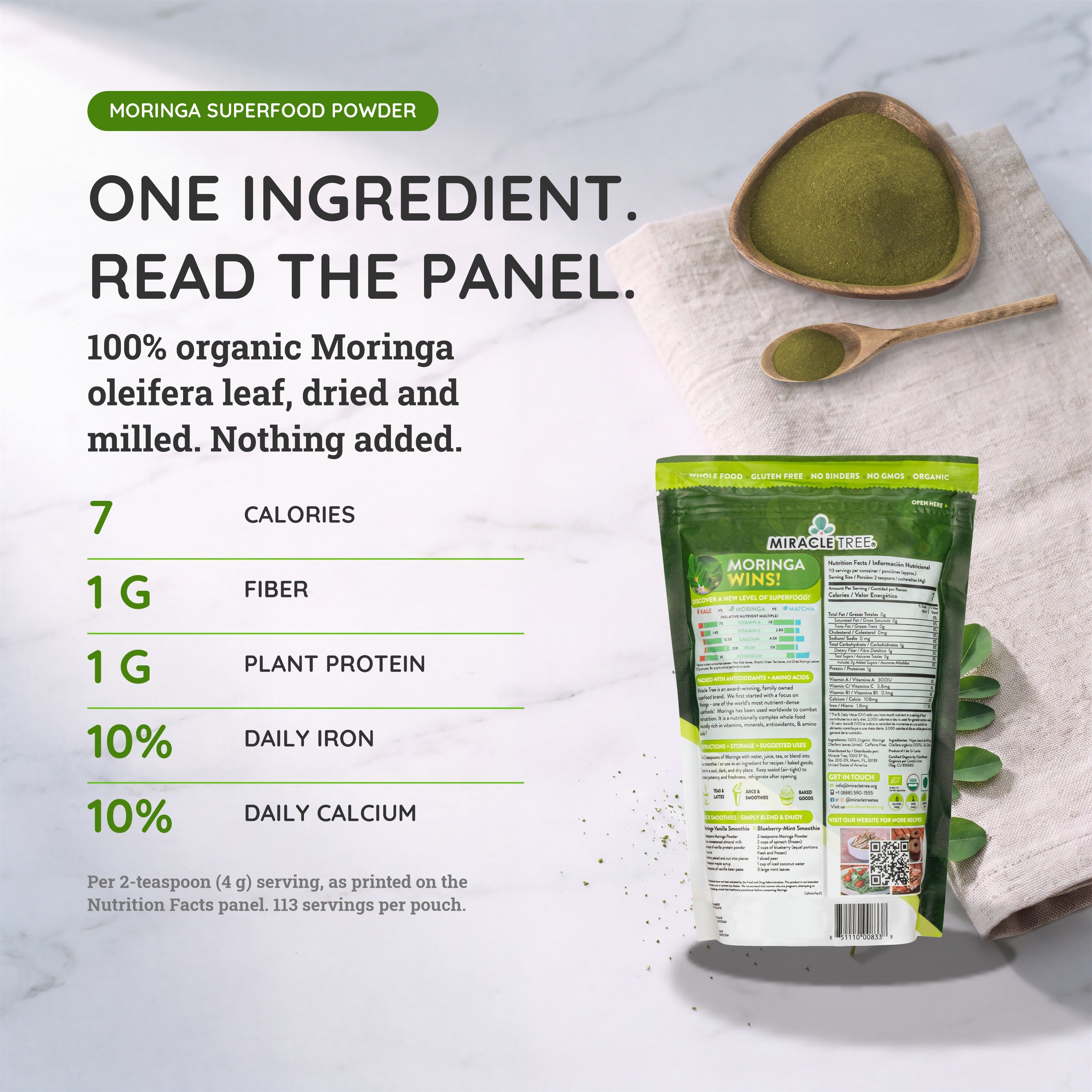 Organic Moringa Powder - 16oz Pouch