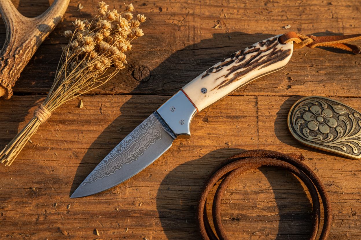 Cross Draw Knife – Damascus Steel, Antler Horn Handle, Steel Bolster & Leather Sheath | 6.25"