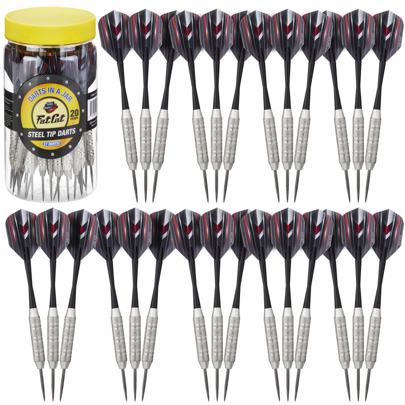 Jar with yellow lid containing steel-tip darts with black and red flights and silver barrels